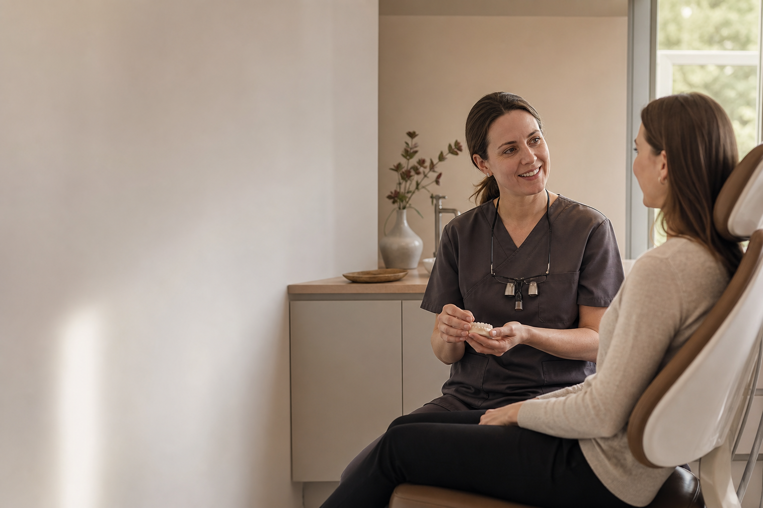 Tandläkare i samtal med en patient på Korsvägen Dental Clinic, visar en tandmodell